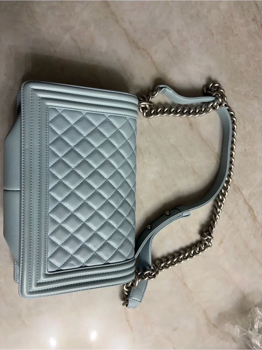 CHANEL Light Blue Quilted Boy Flap Shoulder Bag with Silver Chain